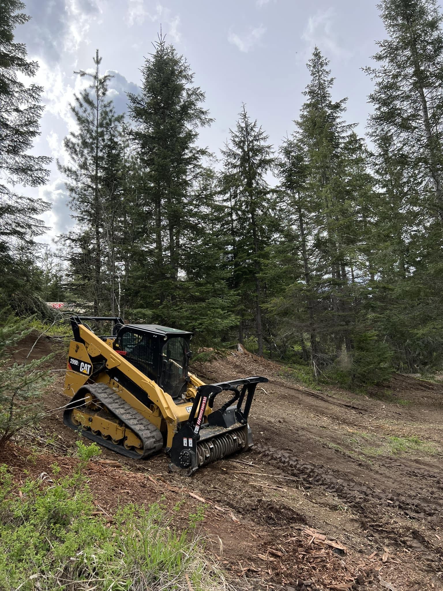 Yellow CAT tracked skid steer with forestry mulching head clearing a wooded hillside
